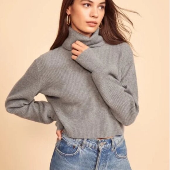 REFORMATION Luisa Cropped Ribbed Cashmere Turtleneck Sweater Gray Small - Picture 1 of 7